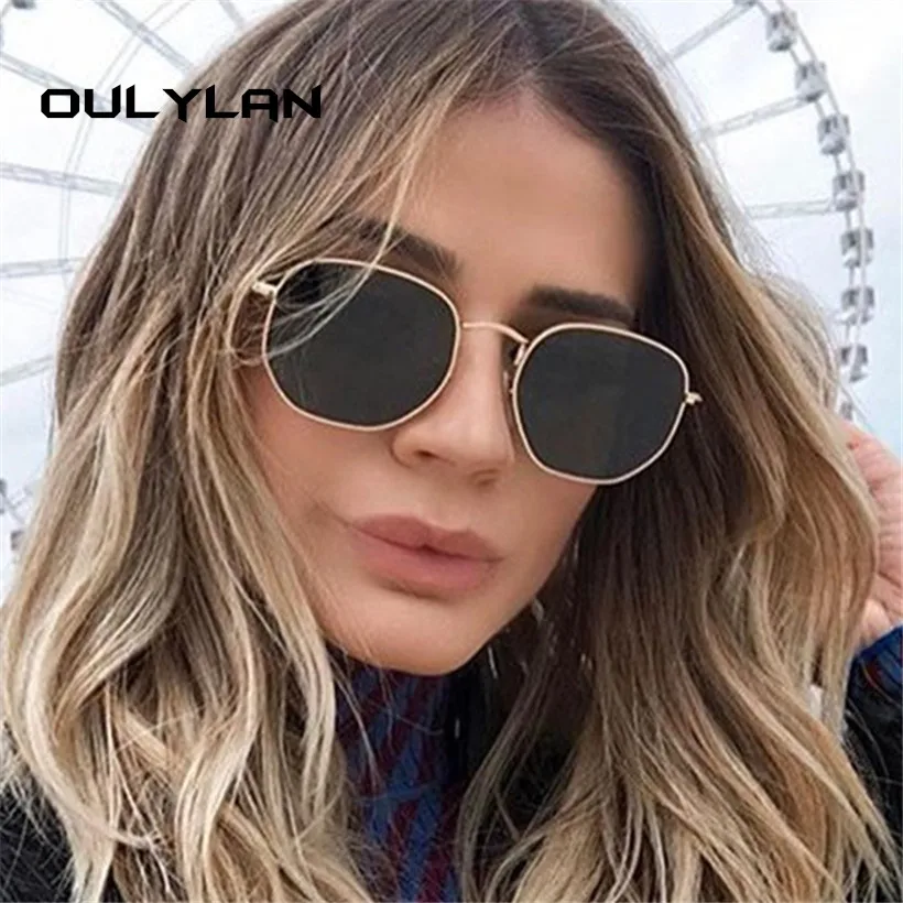 

Oulylan Fashion Sunglasses Women Brand Designer Small Polygon Clear Lens Men Vintage Sun Glasses Hexagon Metal Frame