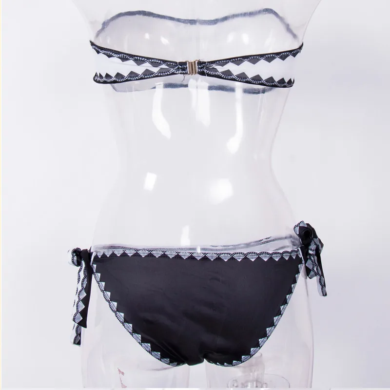 Летний сексуальный женский бандажный комплект бикини пуш-ап без бретелек с низким бюстгальтером купальник с принтом черный белый