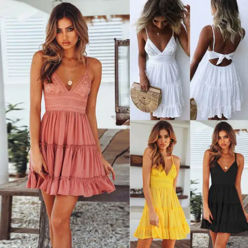 2019 New Women Summer Black Backless Layers Sweet Boho Short Mini Dress V Neck High Waist Evening Party Beach Dresses Sundress