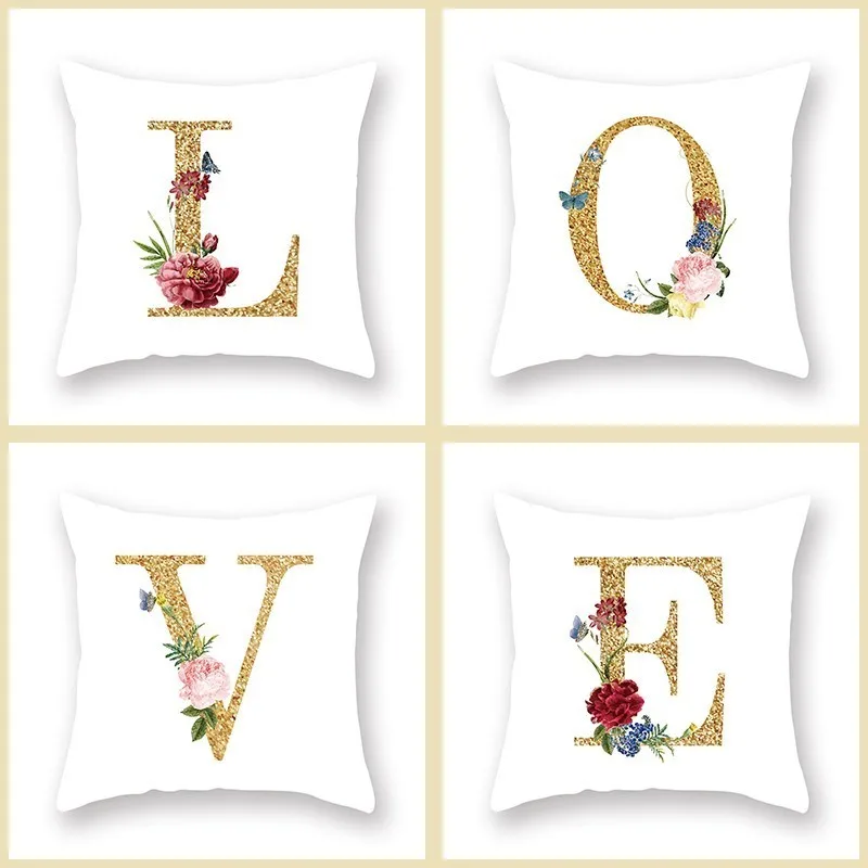 

Floral English Alphabet Printed Cushion Cover Home Decorative Couch Bed Pillowcase Office Waist Sleeping Pillow Case