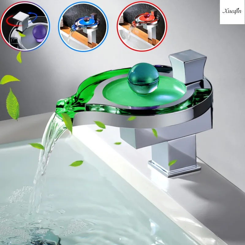 

LED Colors Changing Round Sink Waterfall Faucet Single Lever Bathroom Polished Basin Hot And Cold Mixer Tap Deck Mount
