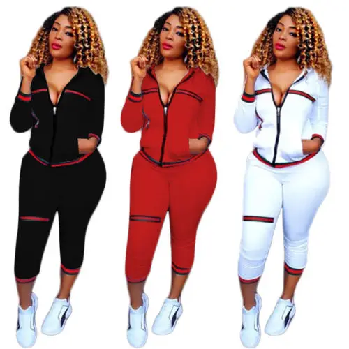 

2Pcs Women Tracksuit Hoodies Sweatshirt Pants Sets Sport Wear Zip Casual Suit Sport Striped Sets