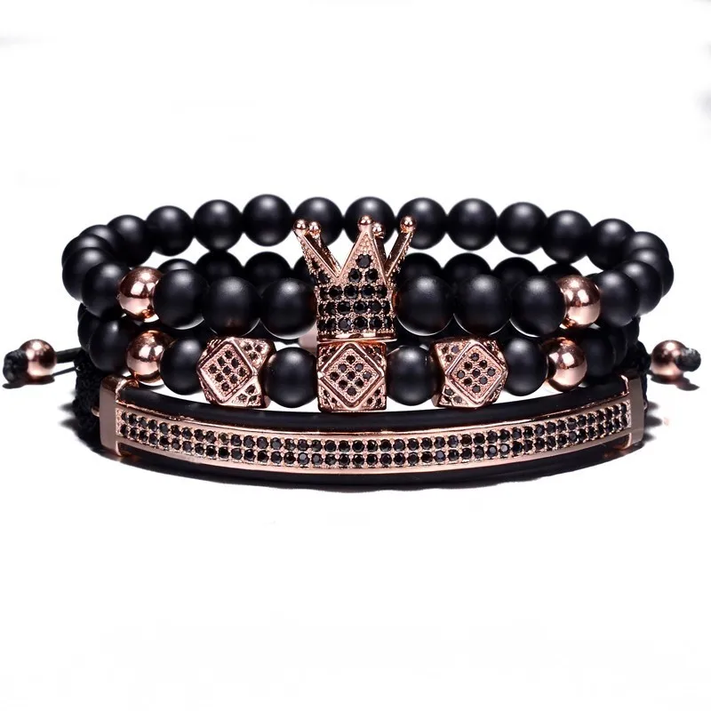 3pcs/Set Hip Hop Elastic Rope CZ Crown Bracelet Striped Black Natural Stone Beads Women Men Luxury Jewelry Pulseira Bileklik - Image 5