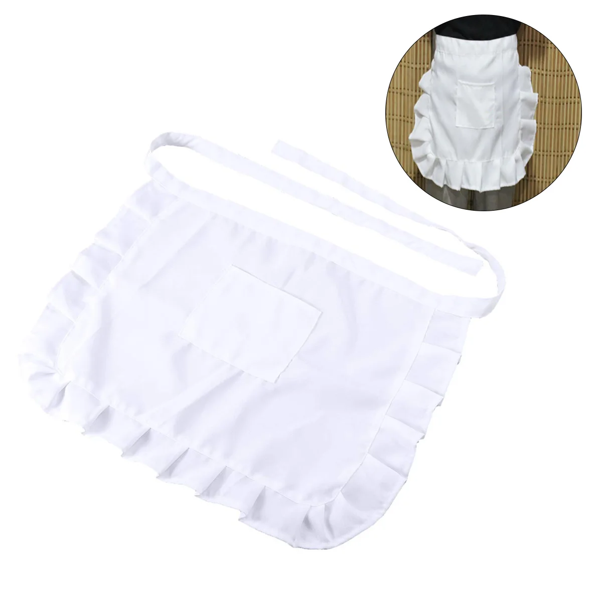 

1pc Short Waist Kitchen Apron Lace Half Waist Bib Maid Costume With Pocket Kitchen Party Favors For Women Waitress (White Black)