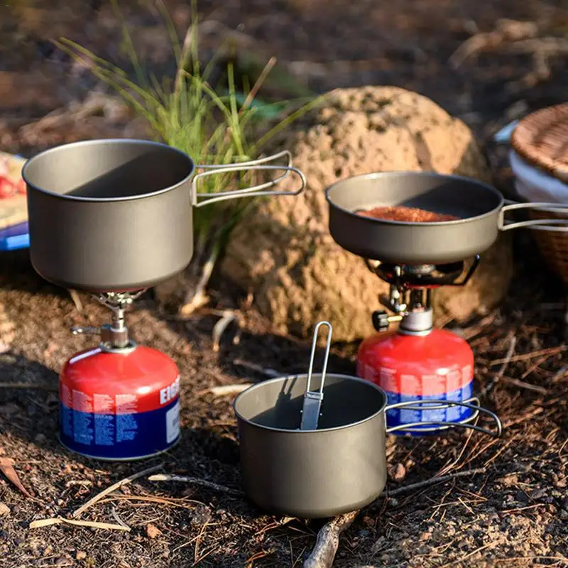 2019 portátil al aire libre de titanio olla sartén ultraligero Camping senderismo Picnic juego de vajilla con empuñadura plegable