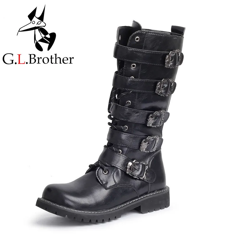 

Army Boots Men High Military Combat Boots Metal Buckle Punk Mid Calf Male Motorcycle Boots Lace Up Men's Shoes Rock