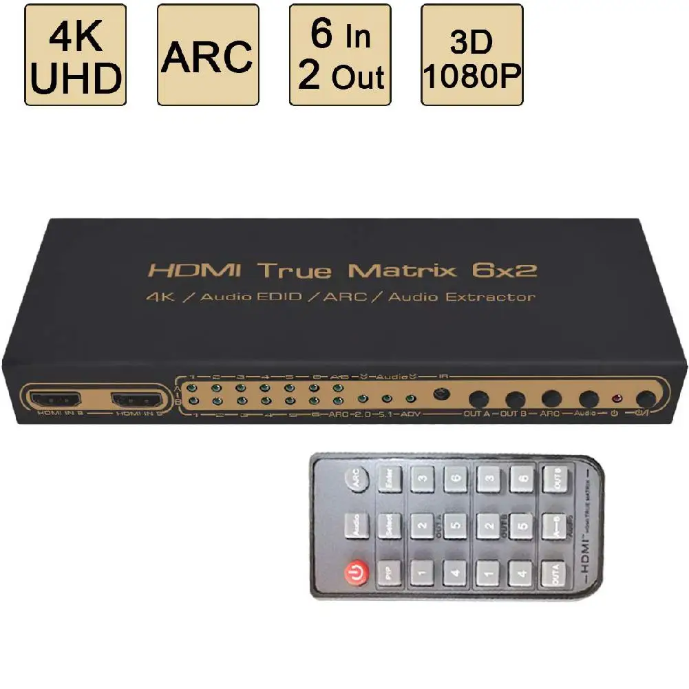 

6X2 HDMI Switch 6 in 2 Out Switcher Splitter with Optical & L/R Audio Output Support Ultra HD 4K x 2K,3D 1080p,ARC,PIP