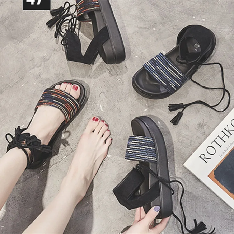 

Lace Thick Platform Shoes Shoes Female Korean Version of The Wild 2019 Summer New Fairy Students Retro Flat Simple Sandals