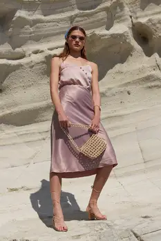 

Trendyol Coral Mink Satin High Waist Women Knee-length Skirt Chic Style TOFSS19WX0013