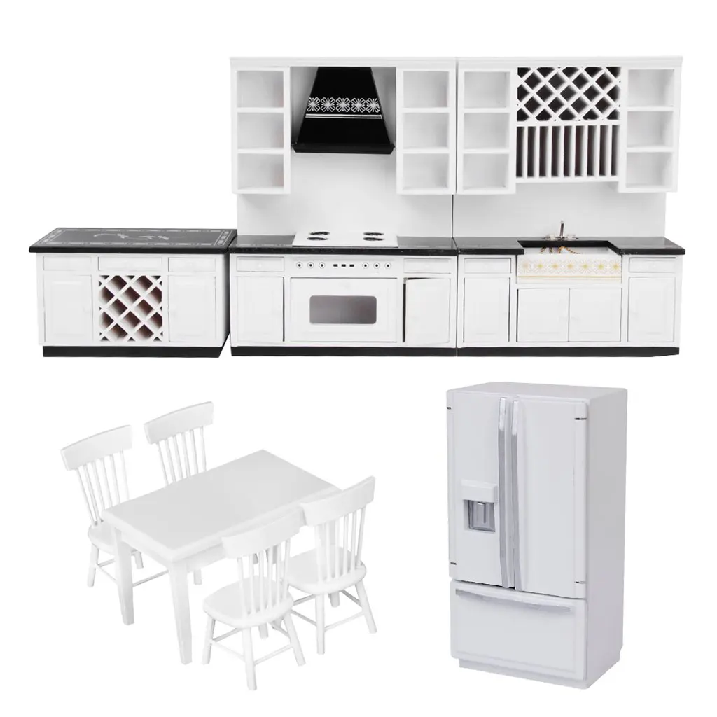  1:12 Scale Dollhouse Furniture Wooden Kitchen Cabinet Table Chair Refrigerator Model Miniature Doll - 32973947072