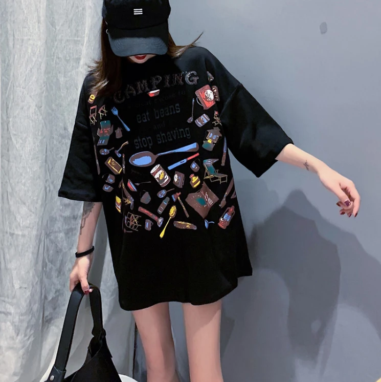 

Summer Loose T-Shirts Women Round Neck Short-Sleeved Cartoon Pattern Priting Female TShirt