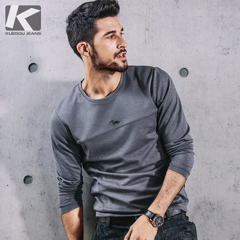 

KUEGOU New Autumn Mens Thick T Shirts Embroidery Letter Gray Brand Clothing Man's Long Sleeve Slim Fit T-Shirts Male Tops 7077
