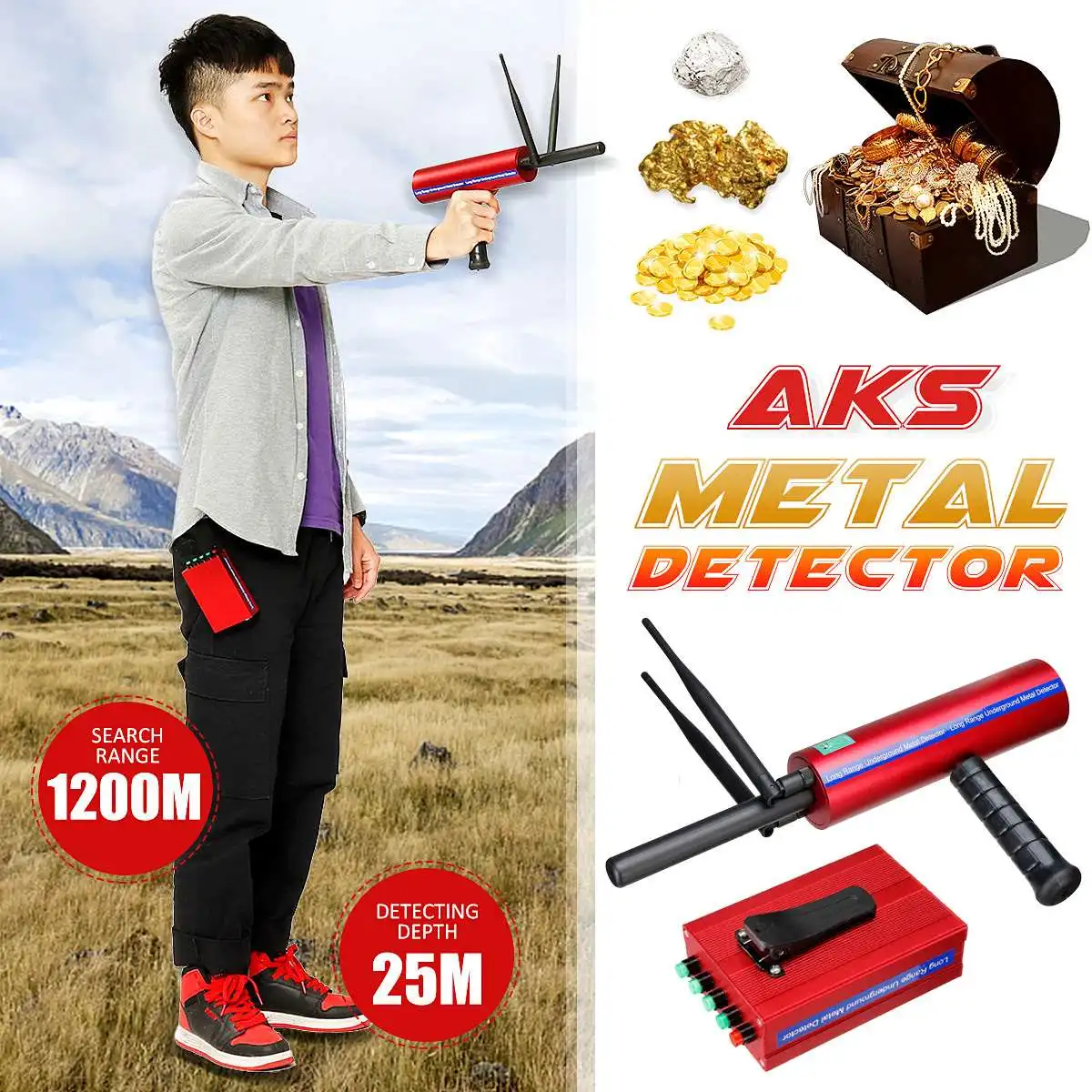 

AKS Metal Detector Underground 25m Gold Silver Gold Diamond Detector Treasure Search Long Range Portable Treasure Finder Seeker