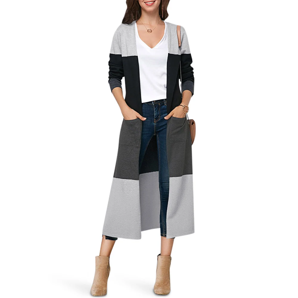 

Sovalro Collarless Color Block Pocket Slit Open Front Women Cardigan Fashion Hit Color Women Sweater Warm Knit Long Cardigan
