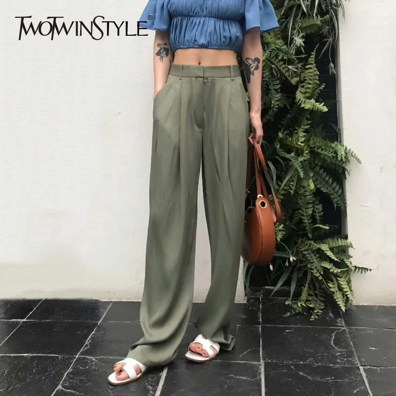 

TWOTWINSTYLE Casual Fashion Trousers For Women High Waist Zipper Pocket Wide Leg Pants Female Large Sizes 2019 Spring Korean New