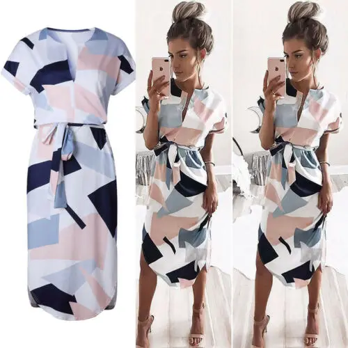

Hirigin Summer Women Ruffle V Neck Short Sleeve Bandage Print Beach Evening Party Dresses