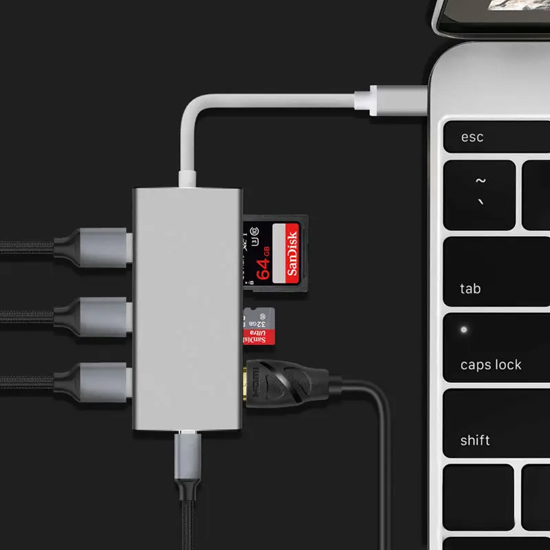 7 в 1 Usb-C концентратор адаптер с 3 Usb 3,0 портов/Hdmi выход/type C зарядный порт/Sd/Micro-Sd кард-ридер