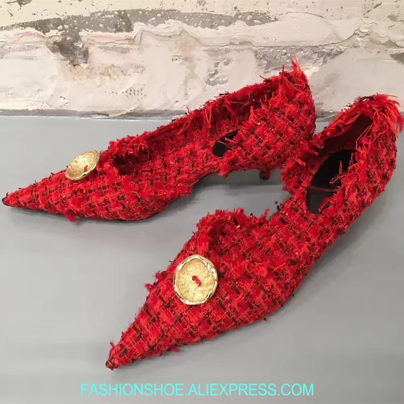

2019 New Fashion Mixed Colors Women Costume Tweed Pumps Golden Button Ladies Slip On High Heels Sexy Female Stiletto Size 40
