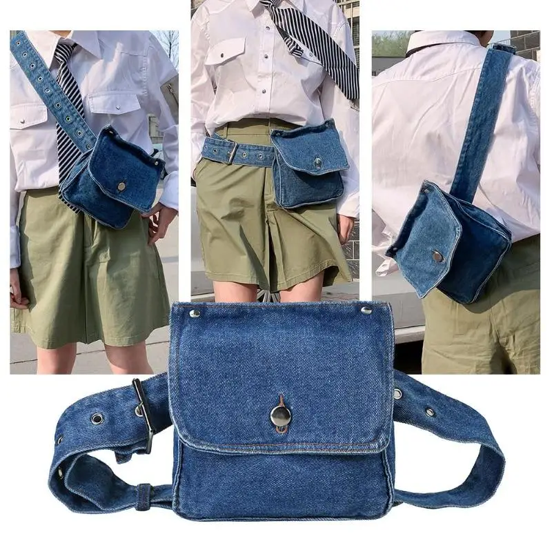 

Women Denim Shoulder Satchel Handbags Vintage Solid Color Casual Waist Fanny Phone Money Pouch Crossbody Messenger Bags Chest Pa