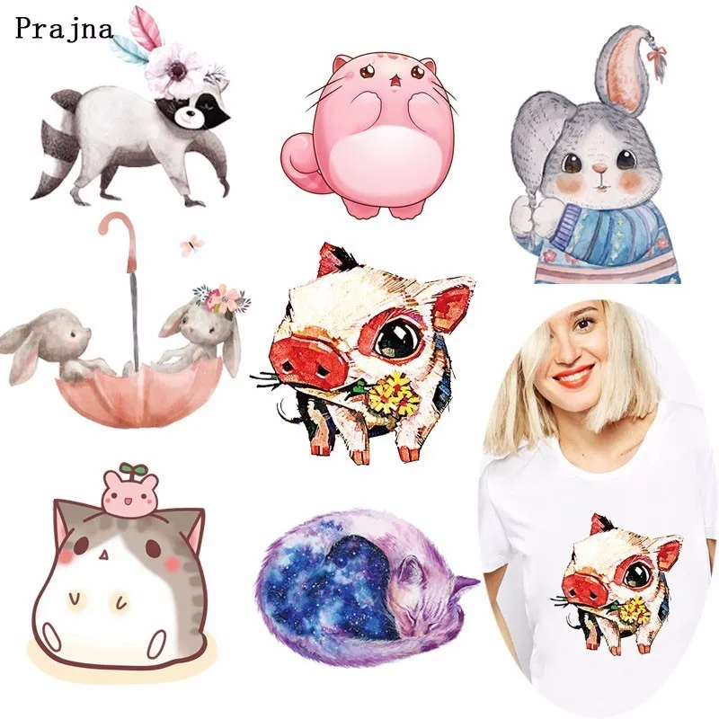 

Prajna Cartoon Animal Raccoon Heat Transfer For Cloth Iron On Printing Rabbit Flower Pig Transfer DIY Summer T-shirt Accessory H