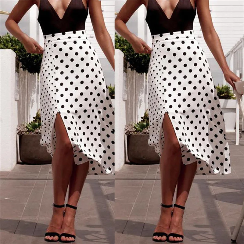 

Sexy Women Boho Summer Beach Skirt Polka Dot Printed Irregular Evening Party Skirts 2019 Fashion Elegant Woman High Waist Skirts