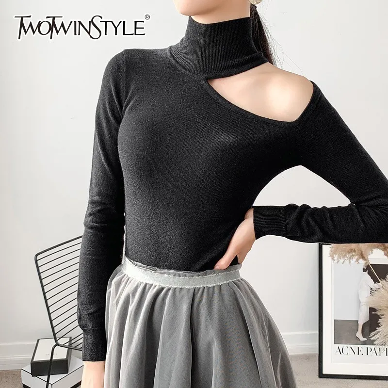 

TWOTWINSTYLE Sexy Pullover Tops Female Hollow Out Off Shoulder Turtleneck Long Sleeve Women's Sweater Fashion 2019 Autumn Winter
