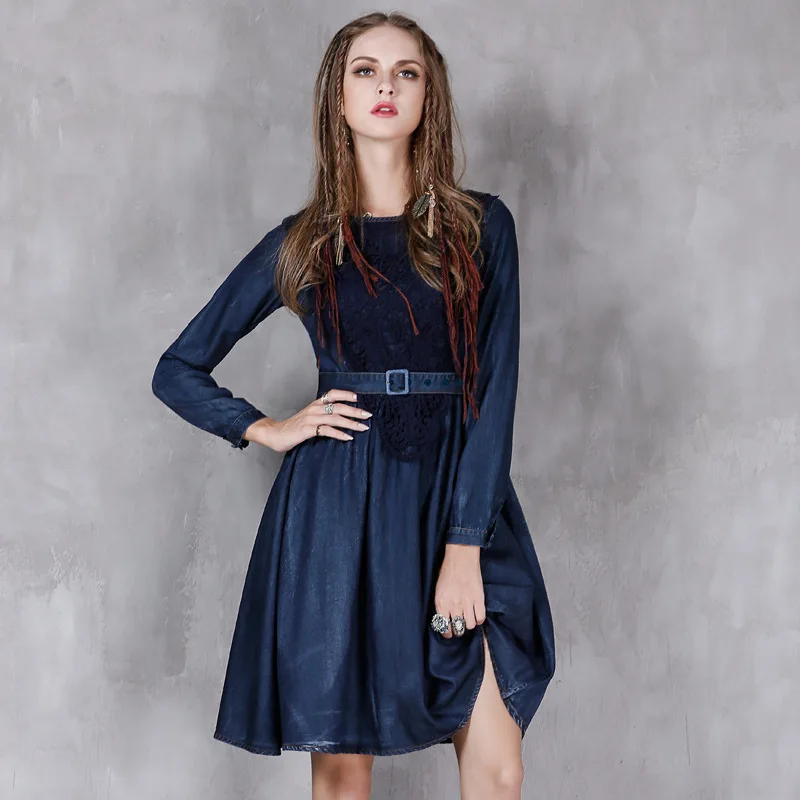 

#2402 Spring Autumn Brand Split Joint Lace Denim Dresses Women Vintage With Belt Round Neck Jeans Dress Elegant High Waist Tide