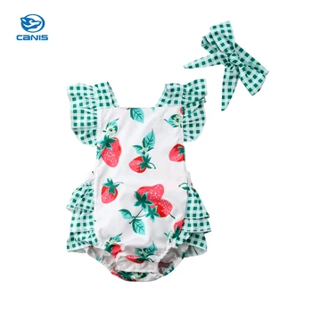 

CANIS 2019 New Newborn Baby Girl Strawberry Clothes Sleeveless Back Cross Tutu Ruffle Baby Bodysuit Jumpsuit Outfit Plaid