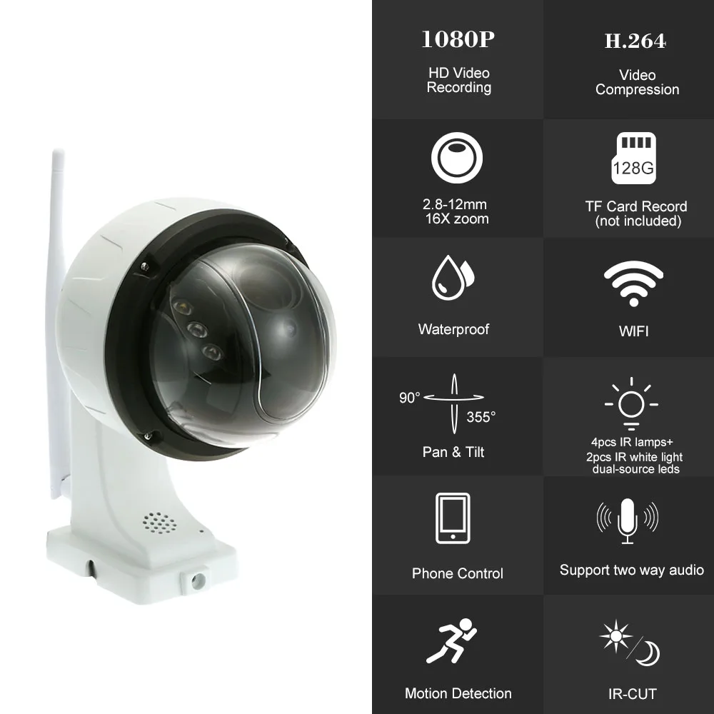 

1080P PTZ Wireless WiFi IP Camera 16X Zoom Dual Light Source Motion Detection Tracking Outdoor Waterproof Security CCTV Camera