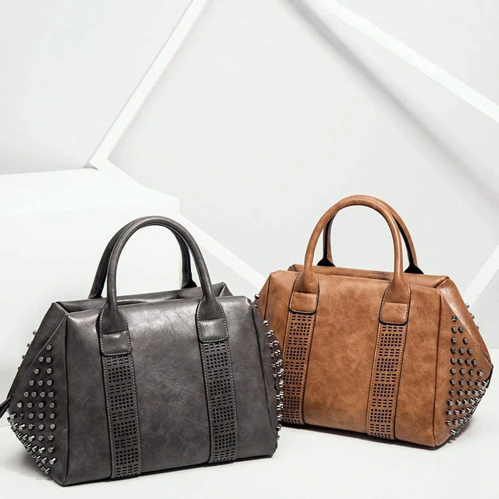 Di Gray Spalla Rivet Retro Spaziosa Tote Cuoio Dark Donne Elaborazione Satchel A Studded Dell'unità Delle Borse Handle brown Borsa Top WWfUawqvR