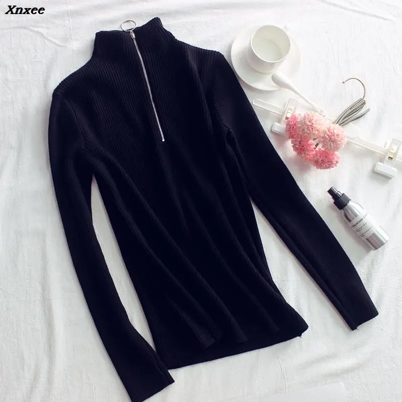 Zipper Turtleneck Solid Women Sweater Skinny Elastic Knitted Full Sleeve Pullover Female Soft Femme Christmas Jumper Quality Zipper Turtleneck Solid Women Sweater Skinny Elastic Knitted Full Sleeve Pullover Female Soft Femme Christmas Jumper Quality