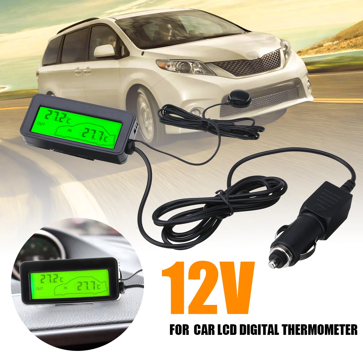 

1set Car Green LCD Digital Display Temperature Gauge Water Temp Gauges DC12V In/Outside Thermometer