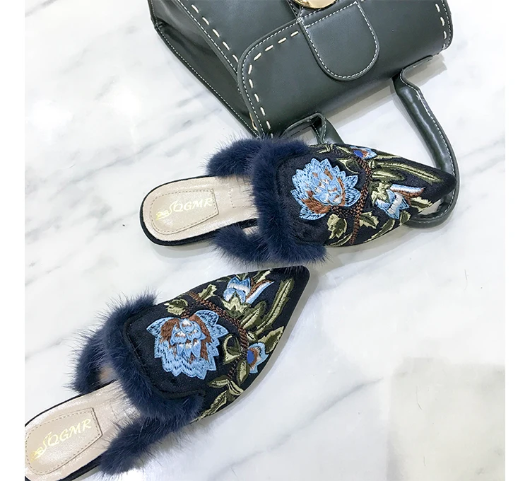 

2018 Hot Summer Spring Shoes Woman Flats Slides Leather Ethnic Embroider Fur Design Slippers Outside Casual Tipe Lazy Shoes