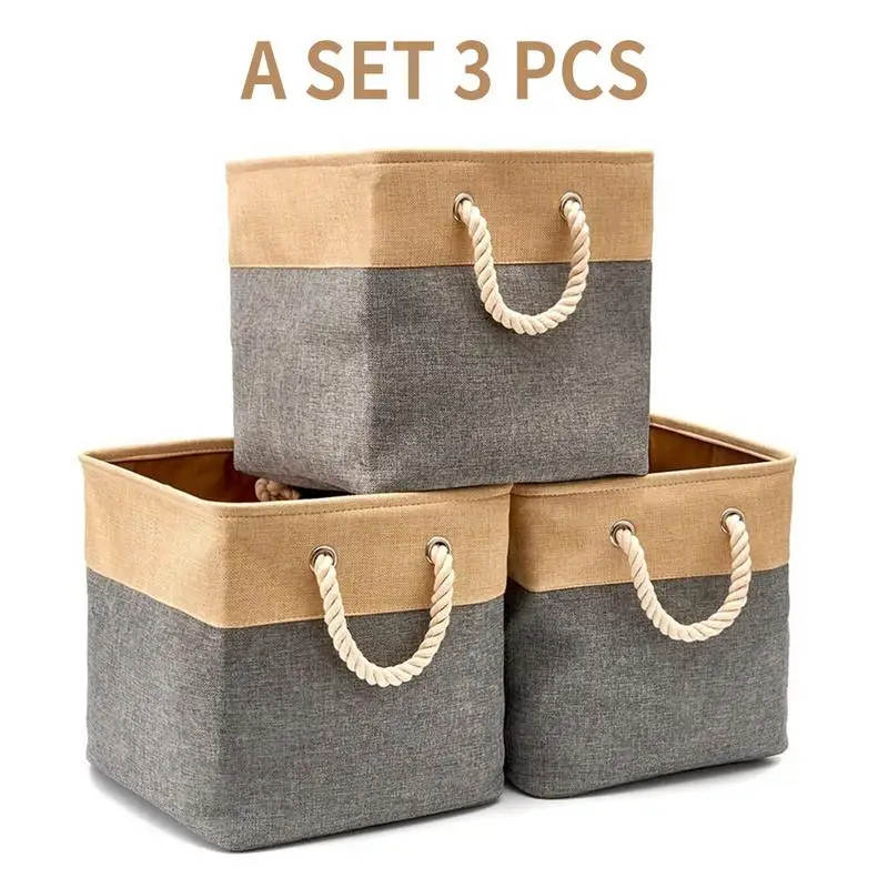 

3pcs/set 33CM Square Cotton Linen Storage Basket With Cotton Rope Toys Storage Box Home Storage Compartment