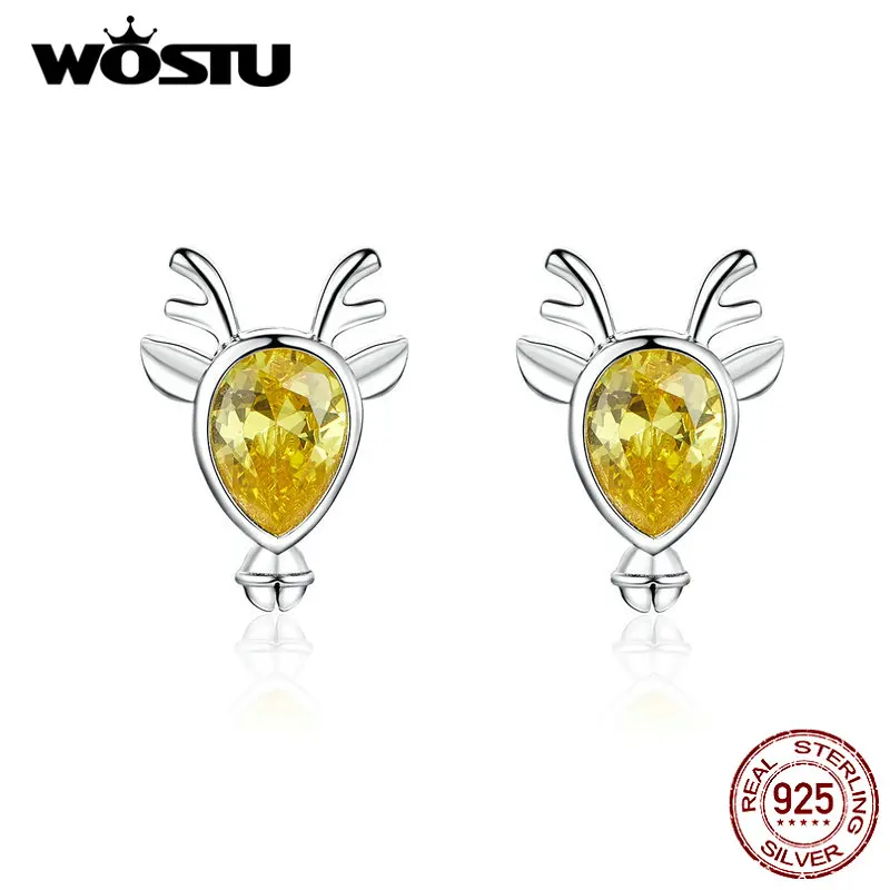 

WOSTU Yellow Crystal Elk Stud Earrings 925 Sterling Silver Zircon Small Earrings For Women Wedding Fashion Jewelry Gift CTE104