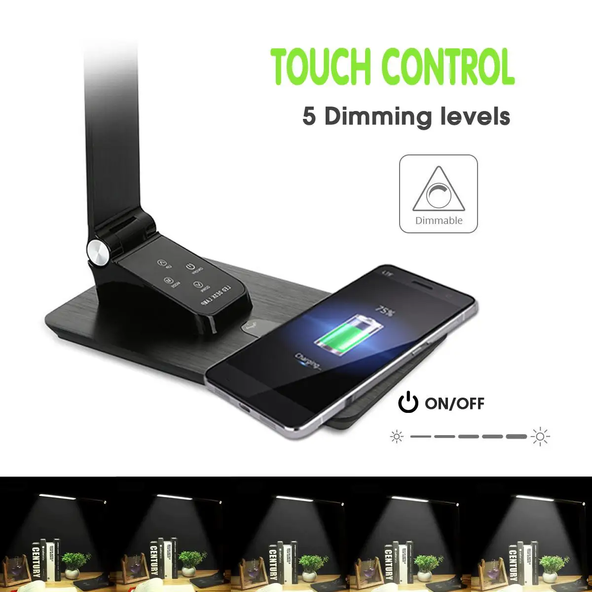 

LED for Touch Control Folding Eye Protection Desk Lamp Sensor Table Night Light with Qi Wireless Desktop Charger USB Output