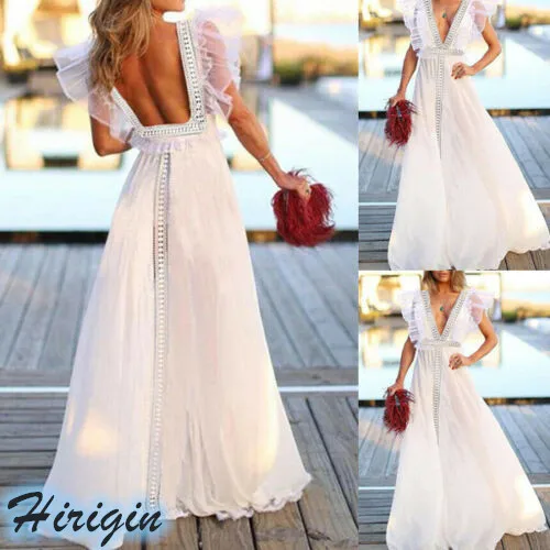 

Summer Dresses 2019 New Summer Women Sexy White Deep V-Neck Backless High Waist Slim Lace Long Maxi Dress