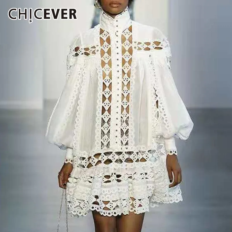 

CHICEVER Summer Solid Elegant Hollow Out Women's Dresses Stand Collar Lantern Long Sleeve Patchwork Lace Mini Dress Fashion New