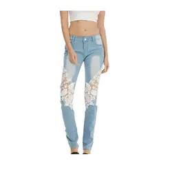 Модные женские большие размеры джинсы для женщин резное кружевное лоскутное кружевные джинсы узкие брюки с низкой талией узкие длинные
