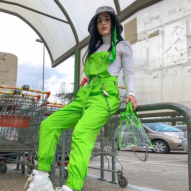 

Neon Green Bib Suspender Pants Casual Women Street Chains Harem Pants Romper Overalls High Street Ladies Solid Full Jumpsuits