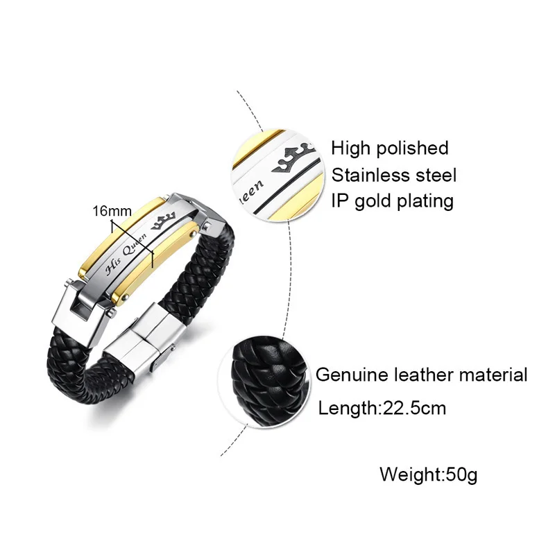 Коса пары кожаный браслет для мужчин женщин нержавеющая сталь король королева для нее его Braslet любителей ювелирных изделий