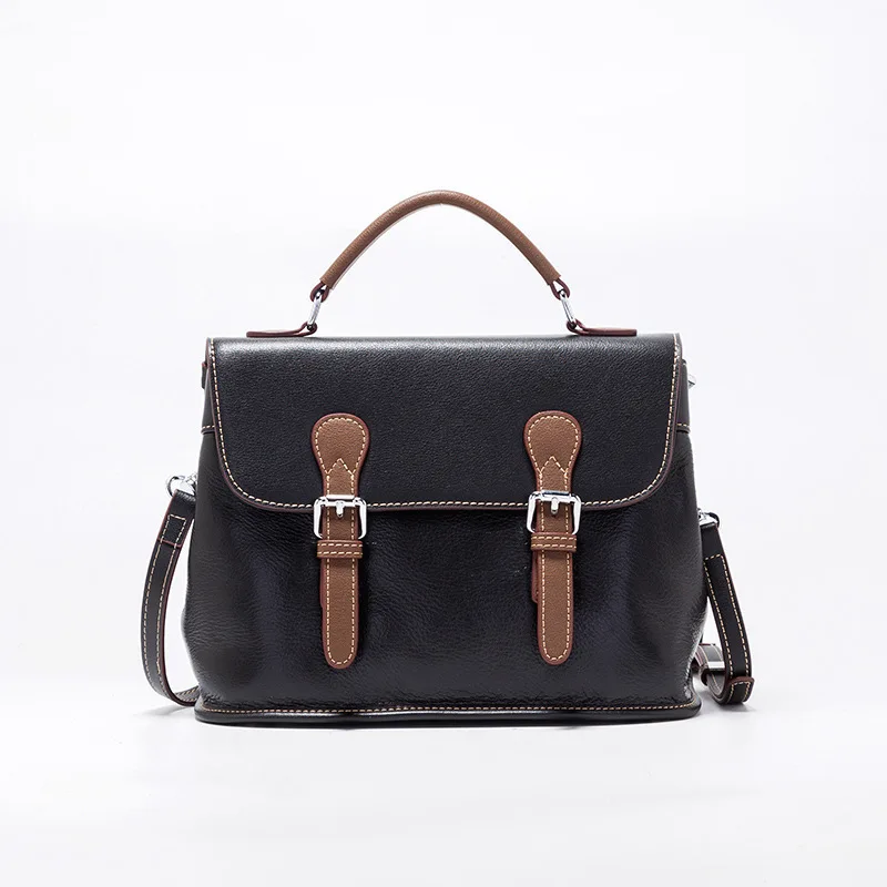 

Vintage Simple Wind Genuine Leather Double Buckle Flip Cover Handbag New Large Capacity Ladies Business Shoulder Crossbody Bag