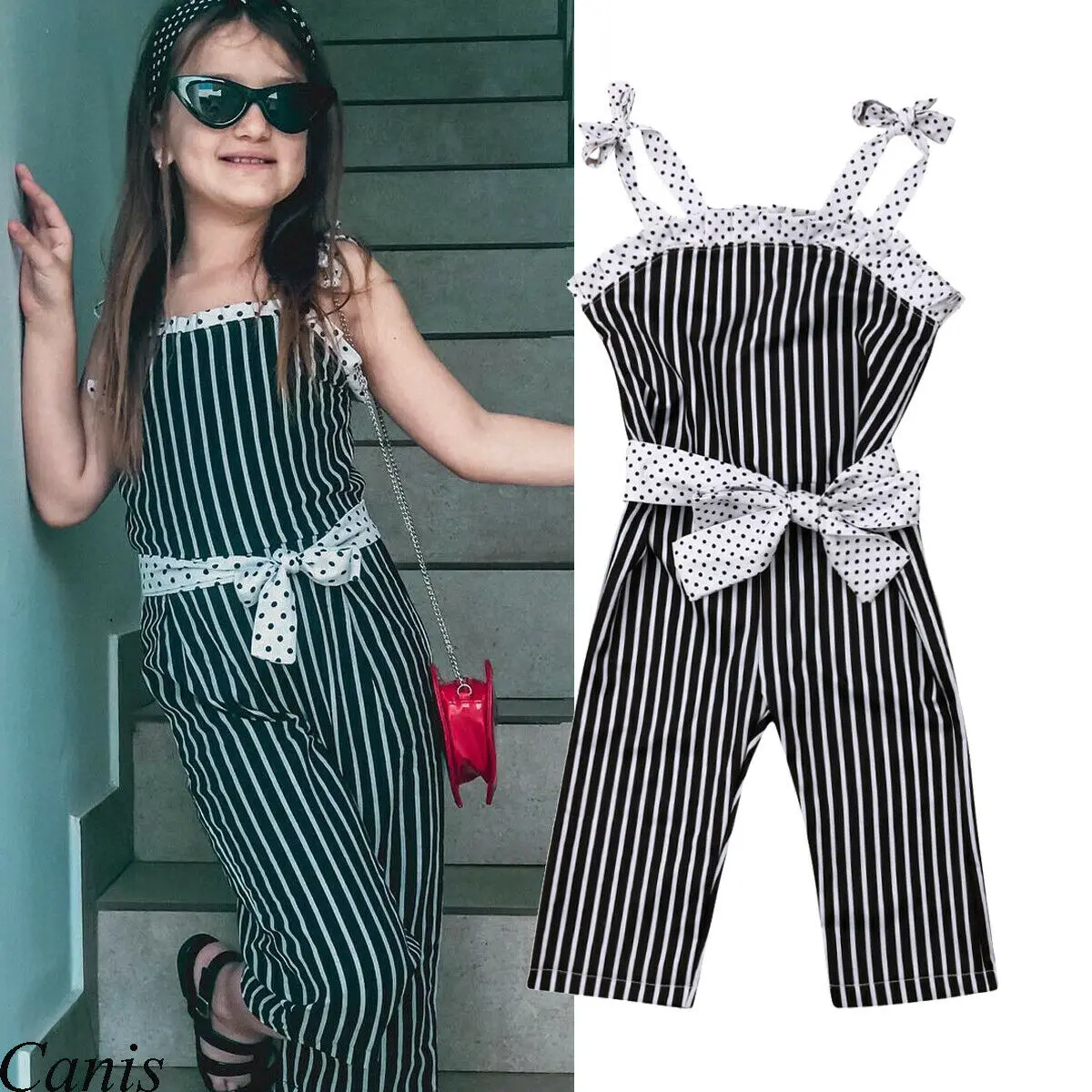 

Toddler Kids Infant Baby Girls Suspender Pants Trousers Bowknot Strap Romper Striped Jumpsuit Overalls