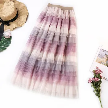 

2019 Summer Mesh Layer L A-Line Cake Skirt Women Fashion High Waist Maxi Rainbow Skirt Female Casua Beach Skirts