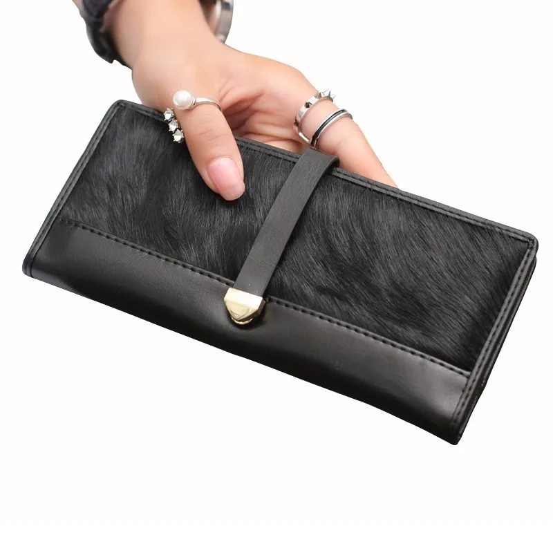 

2019 Women Long Wallets Female Horse Hair Leopard Buckle Big Fashion Genuine Leather Wallet Card Holder Women Cartera Mujer