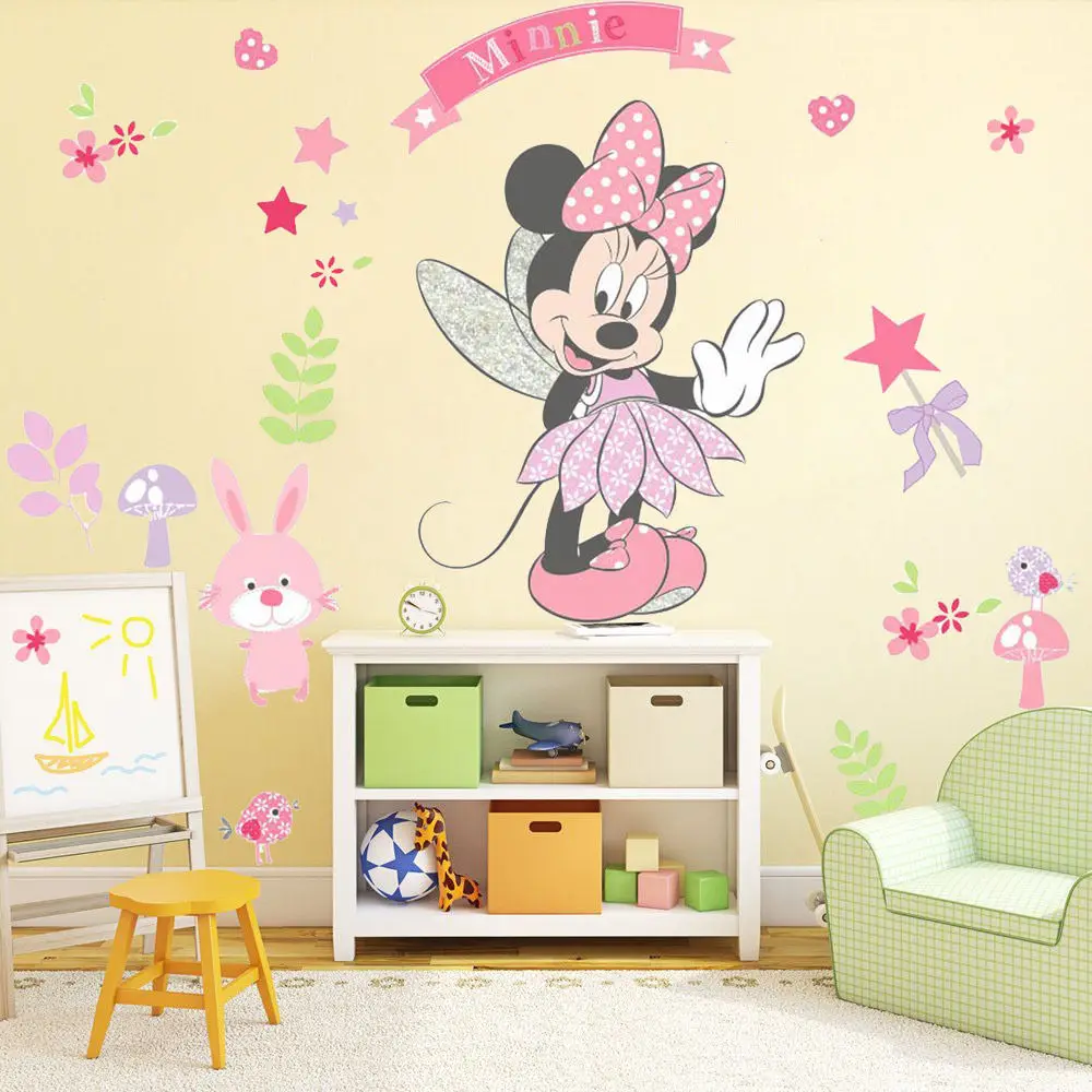Розовые Настенные наклейки с Минни Маус, Мультяшные виниловые настенные наклейки, декор для детской комнаты для девочек