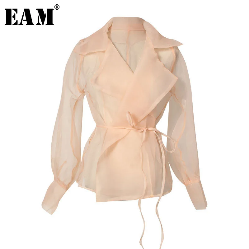 

[EAM] 2019 New Spring Lapel Long Sleeve Perspective Mesh Split Joint Bandage Loose Jacket Women Coat Fashion Tide JH404