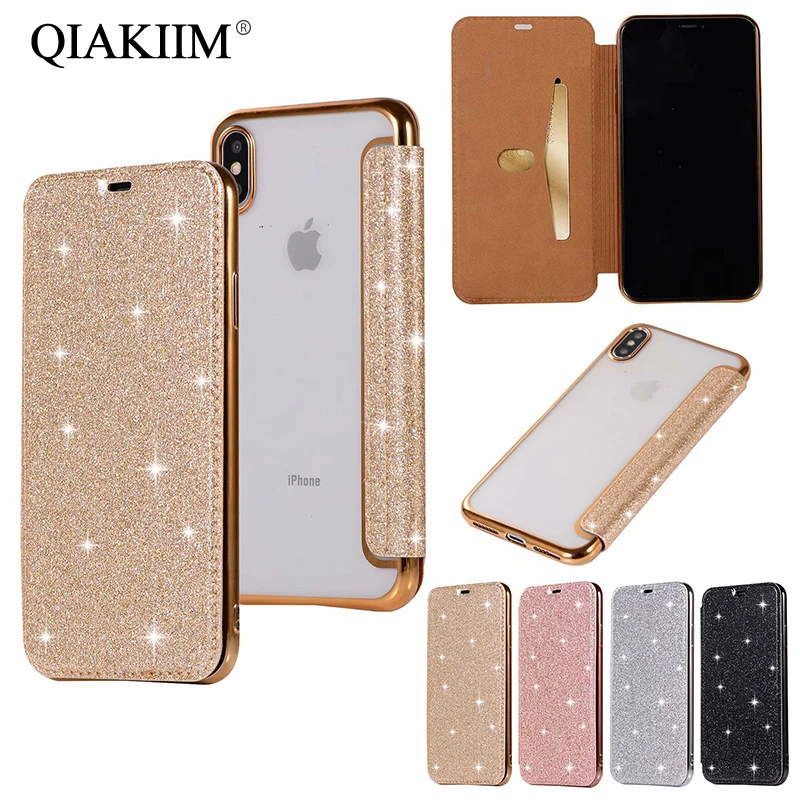

Luxury Glitter PU Leather Wallet Flip Case For iPhone XS MAX XR X 6 6S 7 8 Plus 5S SE Cover Bling Powder Plating TPU Phone Cases