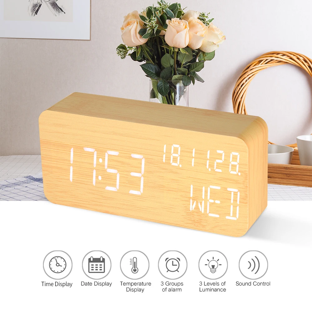 

Wooden Led Clock Digital Sound Control Alarm Clock Thermometer Clocks Usb/battery Powered Dimmer With 3 Alarms Weekday Alarm