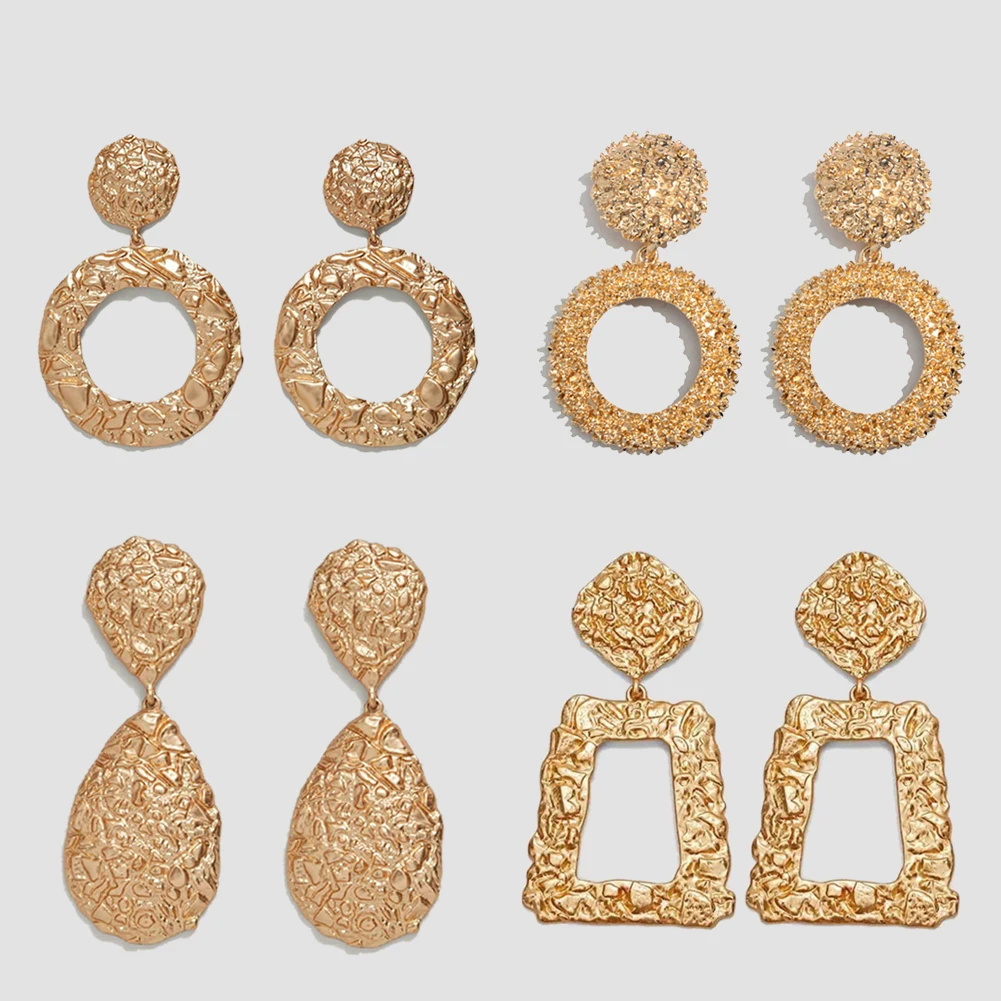 

Flatfoosie ZA Metal Big Drop Dangle Earrings For Women Boho Girl Gift Round Square Gold Color Vintage Statement Earring Jewelry